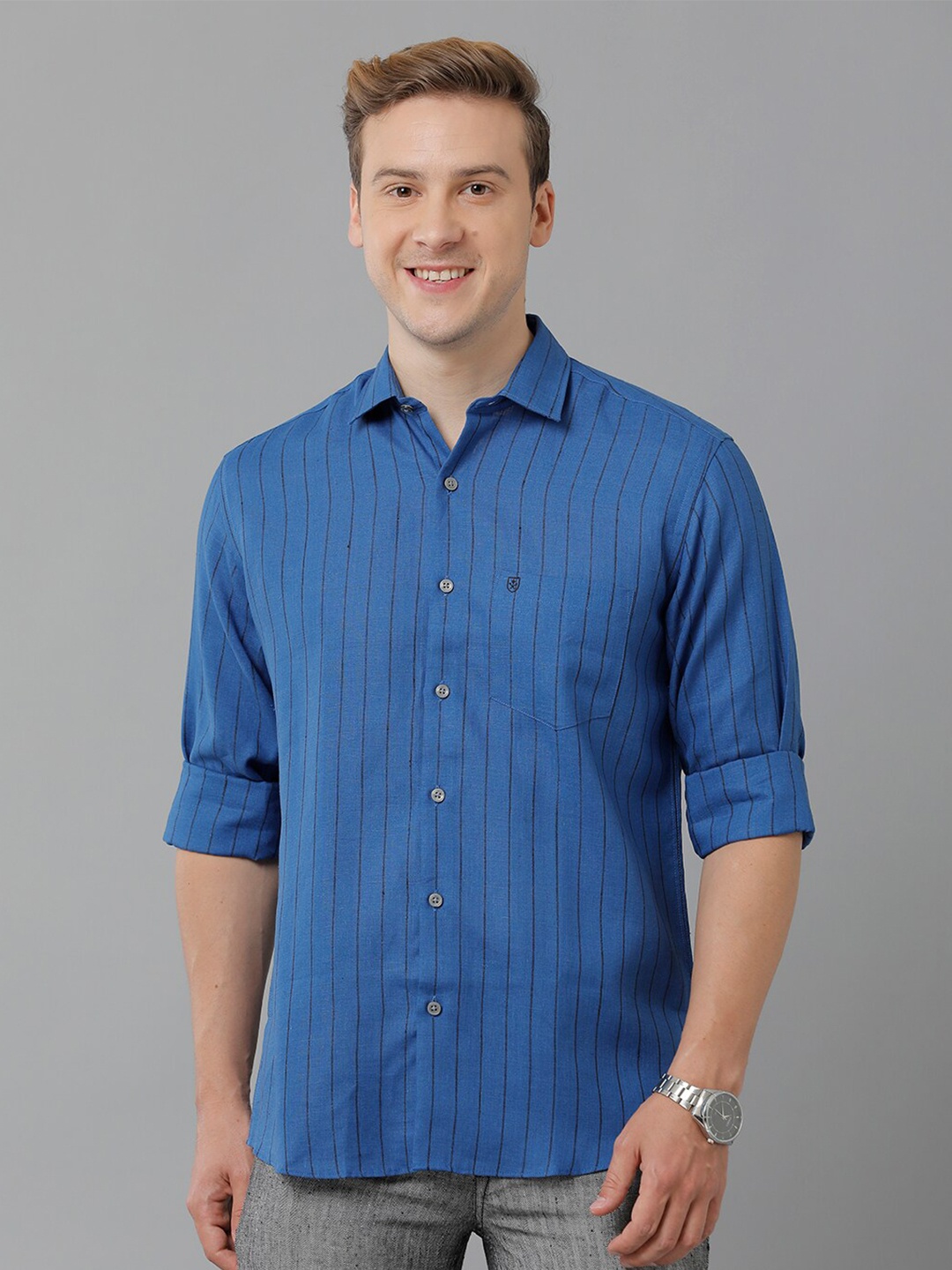 

Linen Club Vertical Striped Pure Linen Casual Shirt, Blue