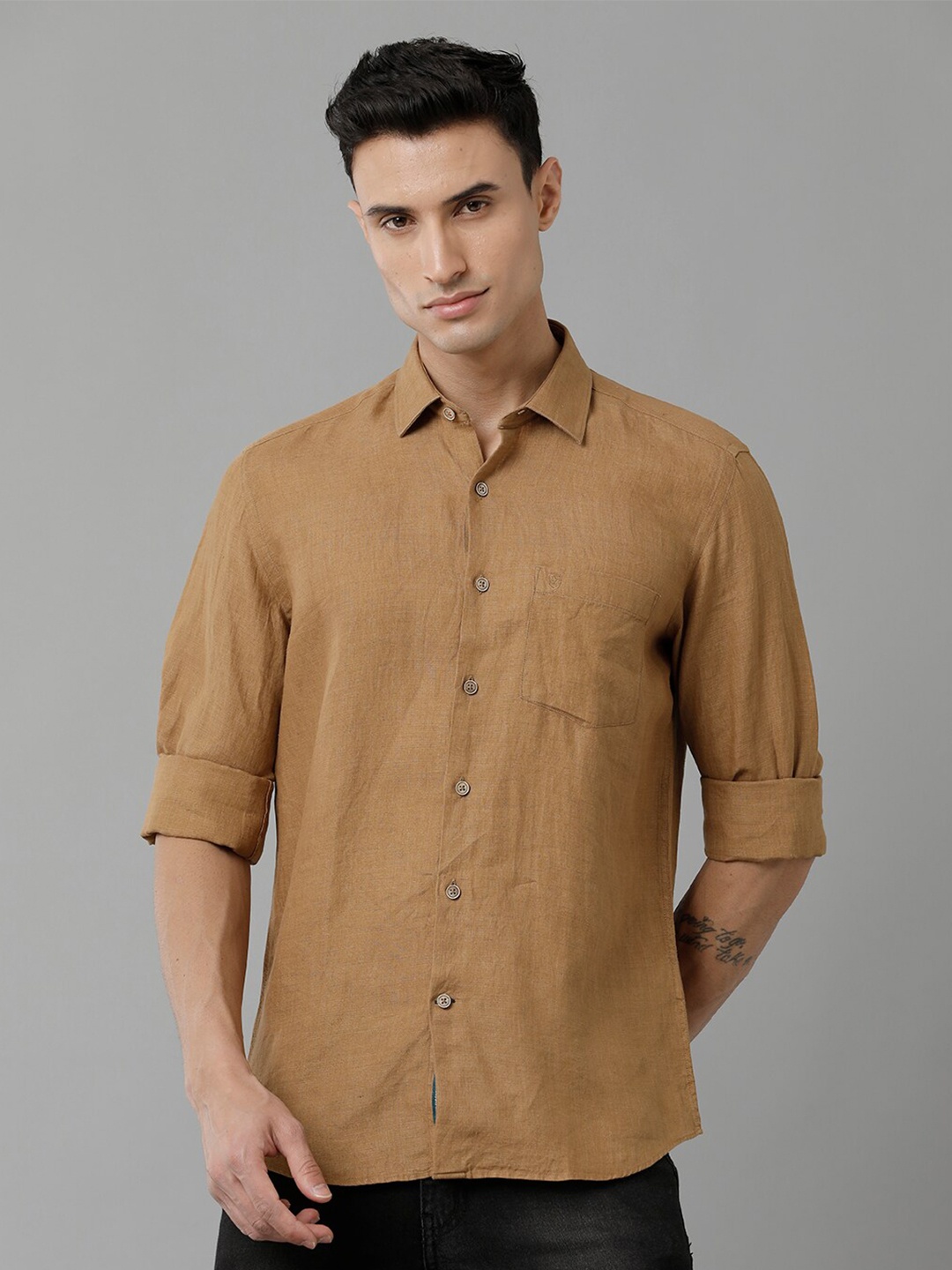 

Linen Club Spread Collar Pure Linen Casual Shirt, Brown