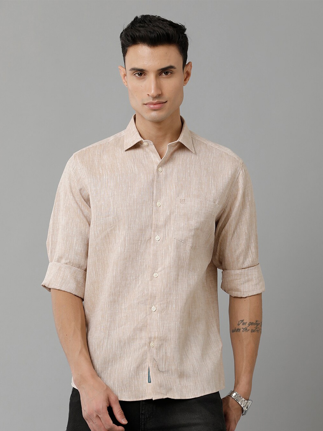 

Linen Club Spread Collar Linen Casual Shirt, Beige