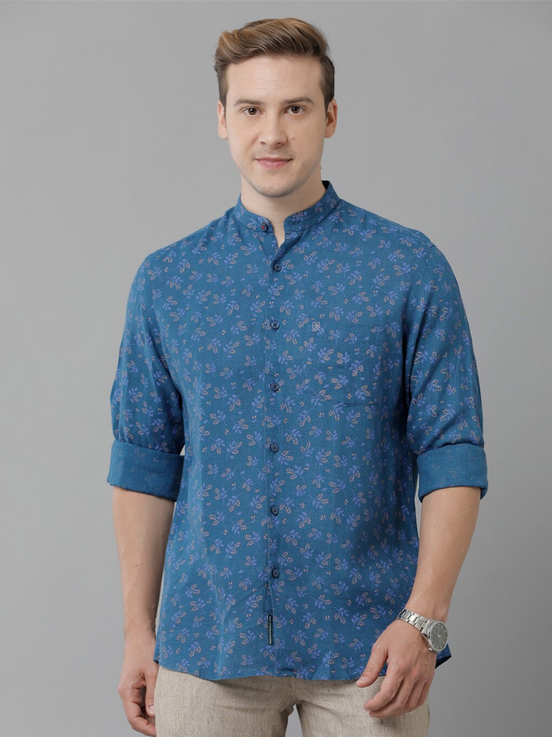 

Linen Club Floral Printed Mandarin Collar Pure Linen Casual Shirt, Blue