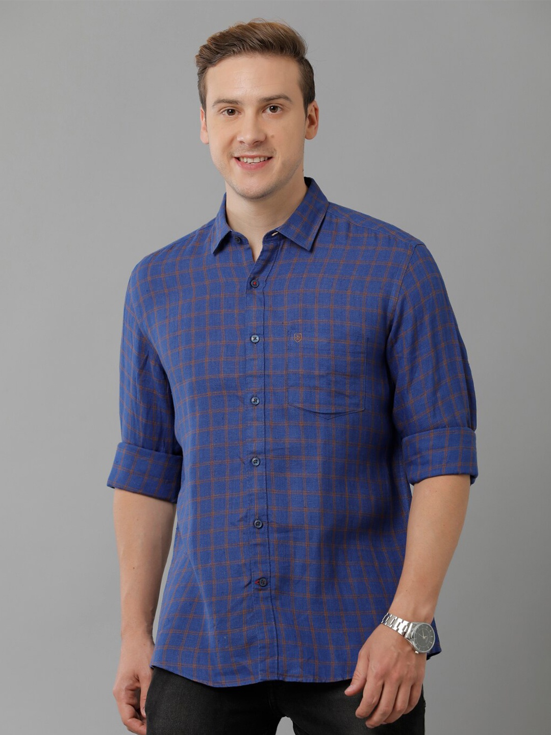 

Linen Club Checked Pure Linen Casual Shirt, Blue