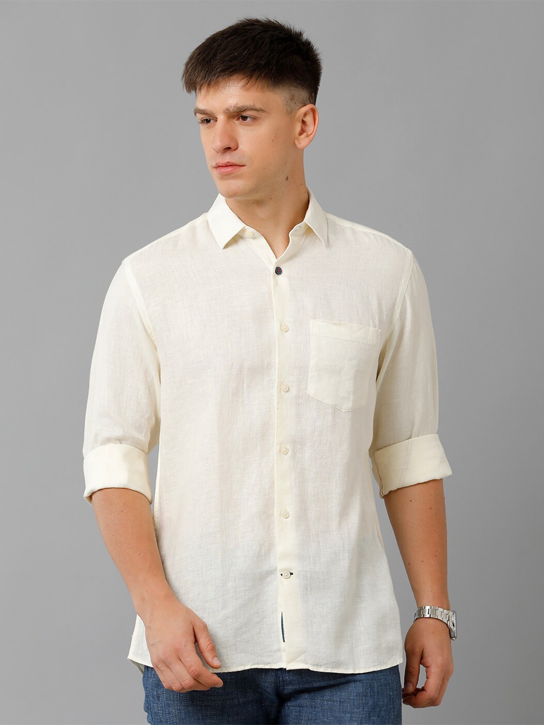 

Linen Club Spread Collar Pure Linen Casual Shirt, Yellow