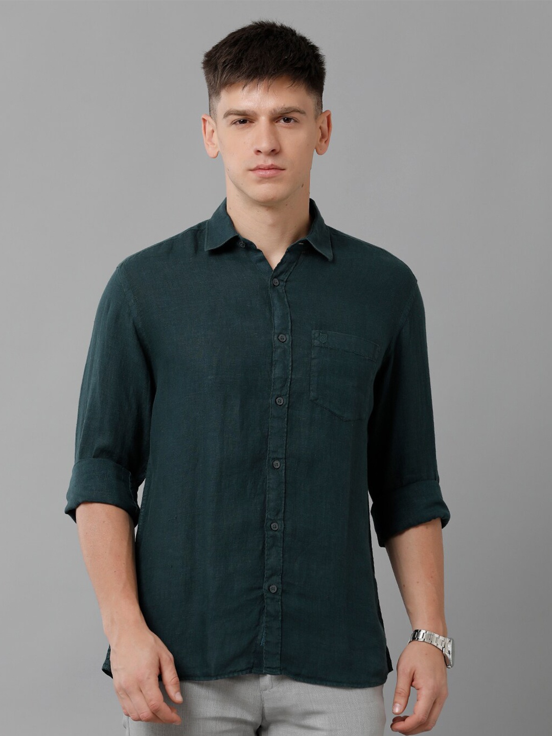 

Linen Club Spread Collar Pure Linen Casual Shirt, Teal