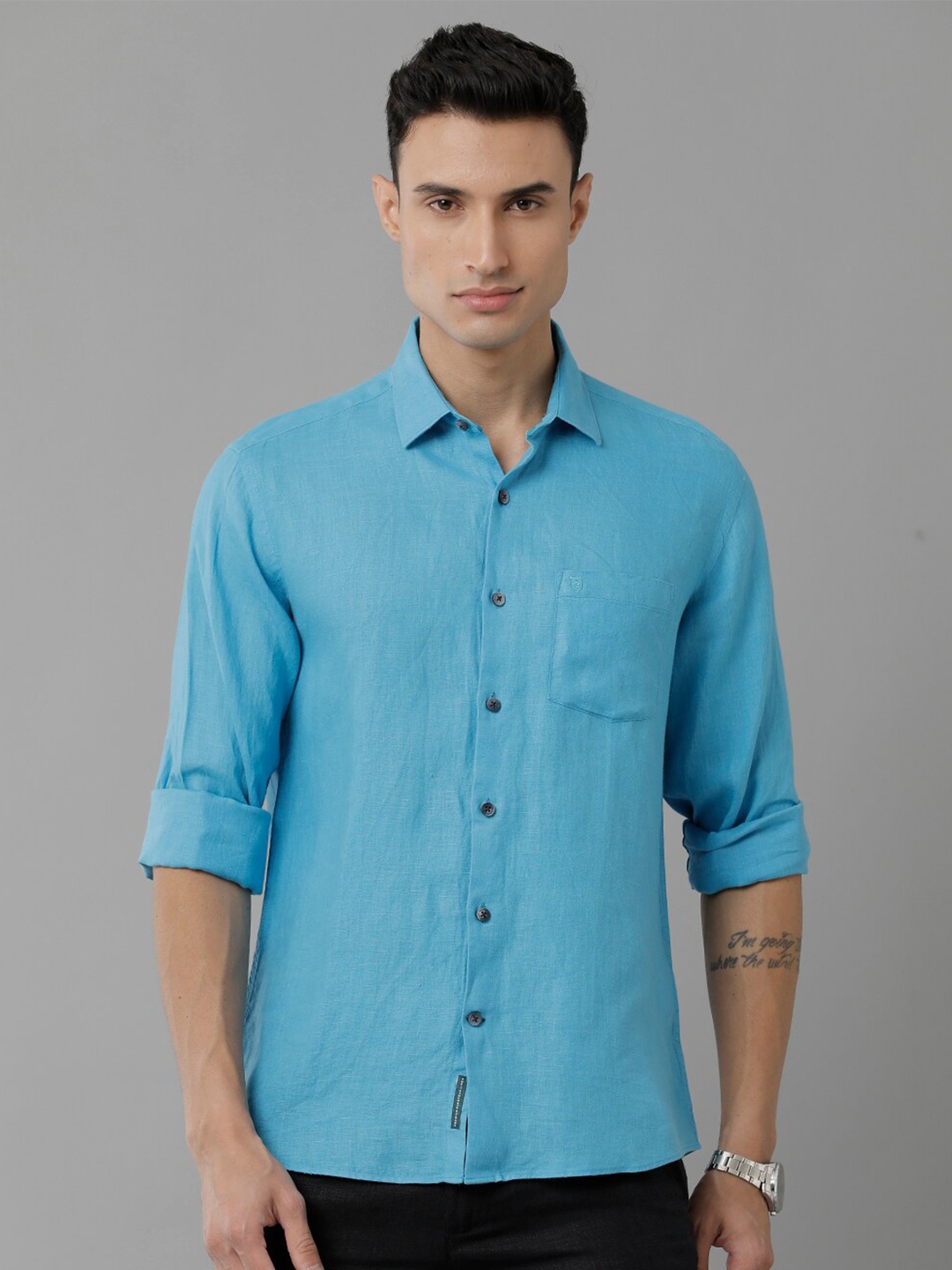 

Linen Club Spread Collar Pure Linen Casual Shirt, Blue