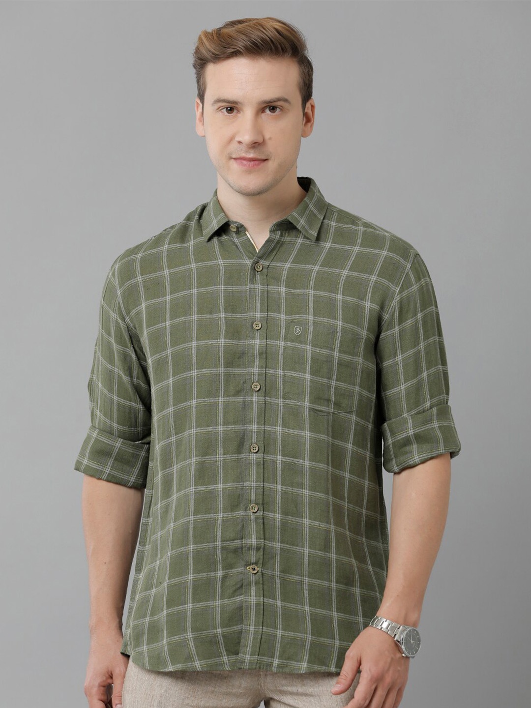 

Linen Club Windowpane Checked Pure Linen Casual Shirt, Green