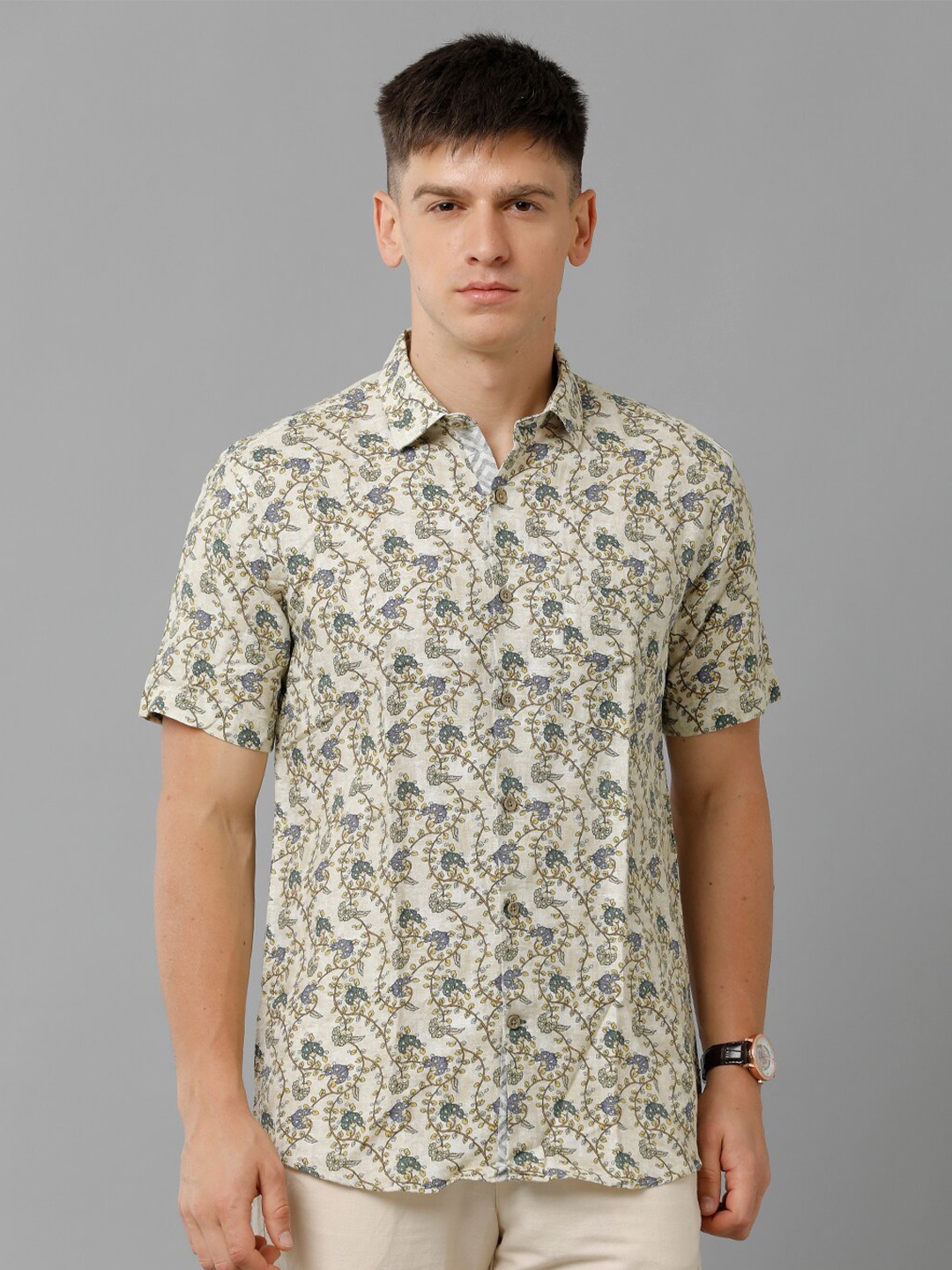 

Linen Club Floral Printed Linen Casual Shirt, Cream
