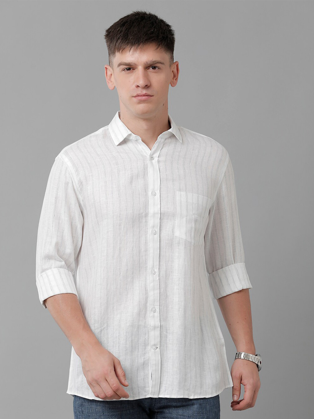 

Linen Club Striped Spread Collar Pure Linen Casual Shirt, White