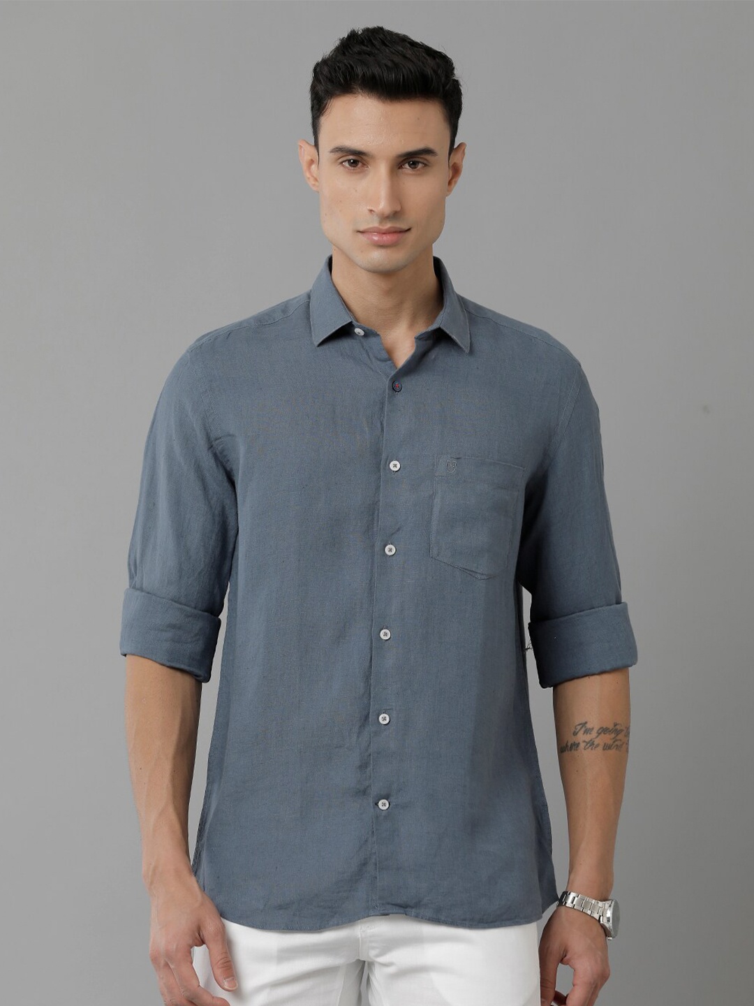 

Linen Club Spread Collar Opaque Linen Casual Shirt, Grey