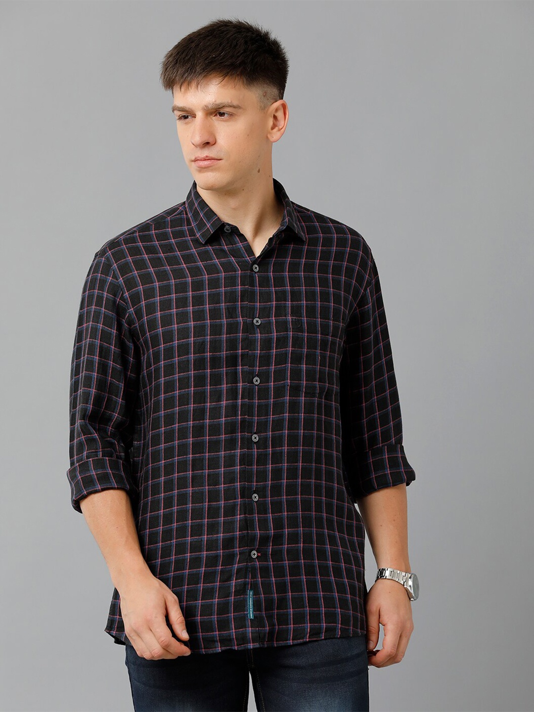 

Linen Club Grid Tattersall Checked Spread Collar Pure Linen Casual Shirt, Black