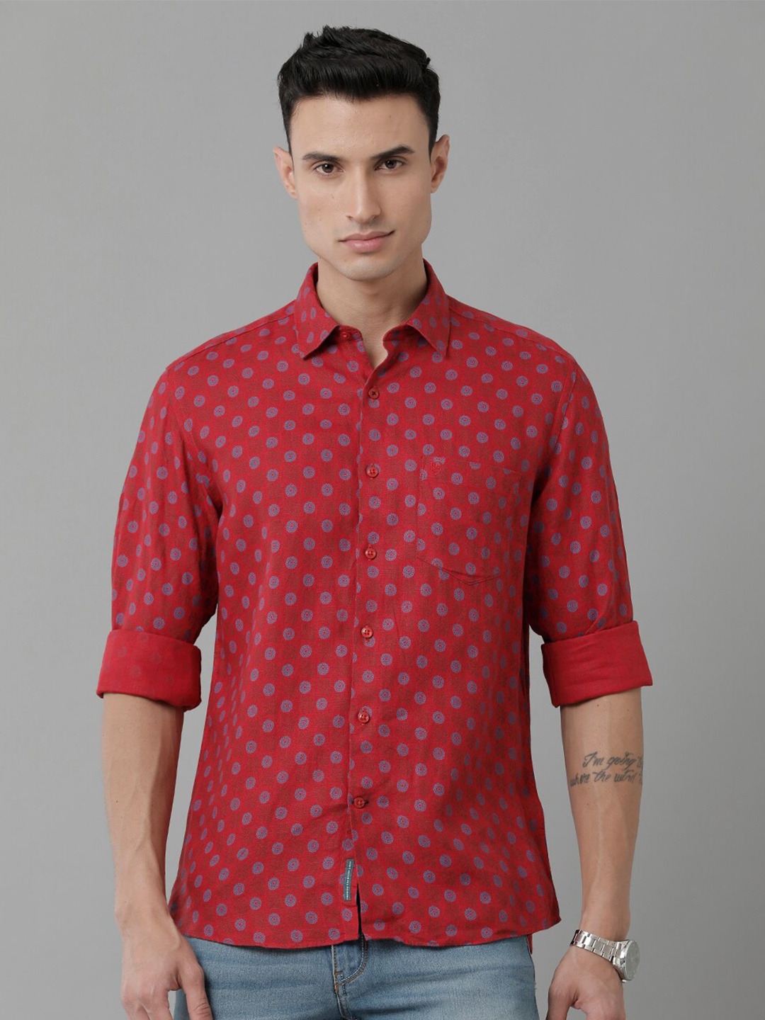 

Linen Club Floral Printed Spread Collar Pure Linen Casual Shirt, Red