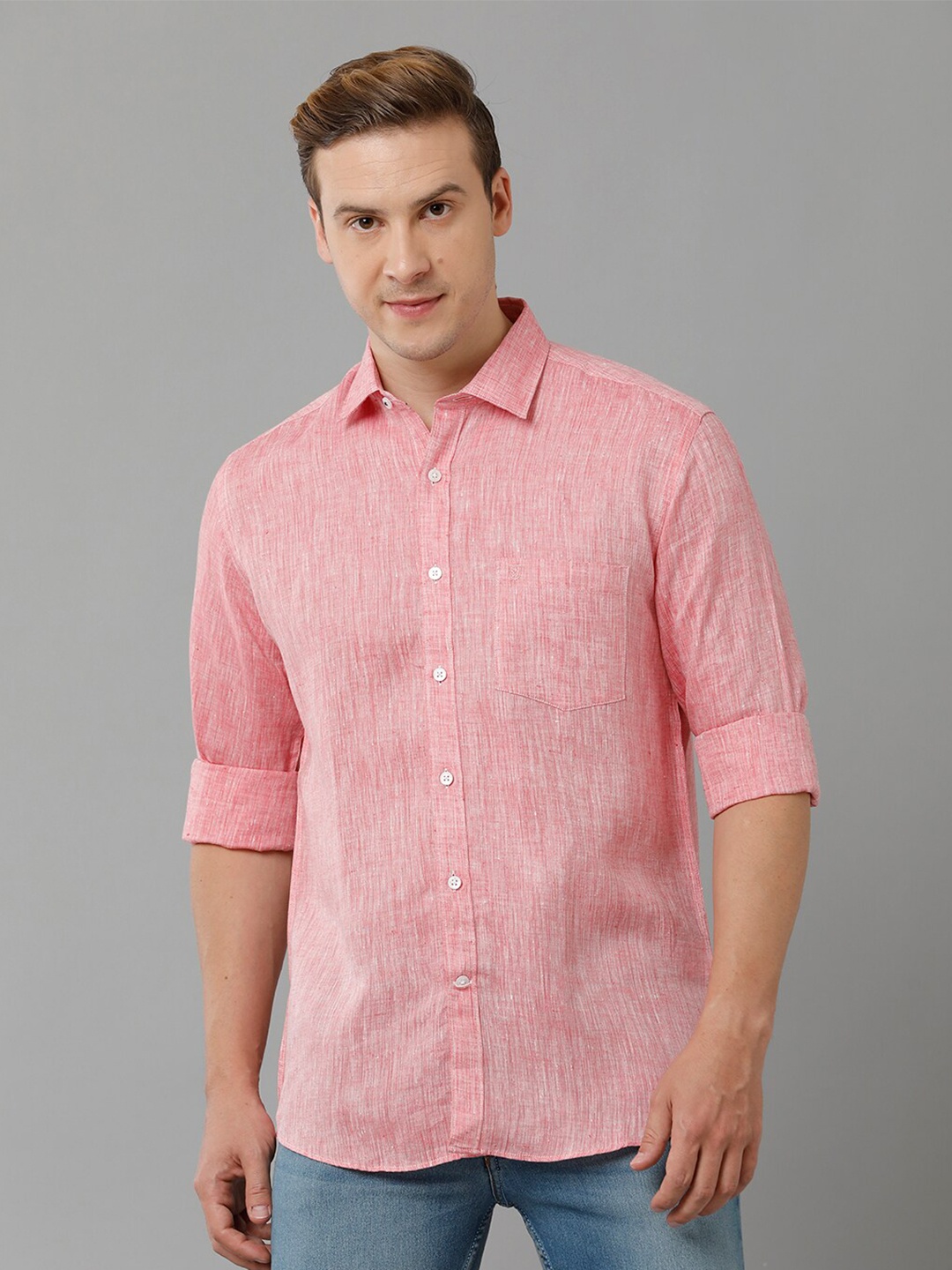 

Linen Club Spread Collar Opaque Linen Casual Shirt, Pink