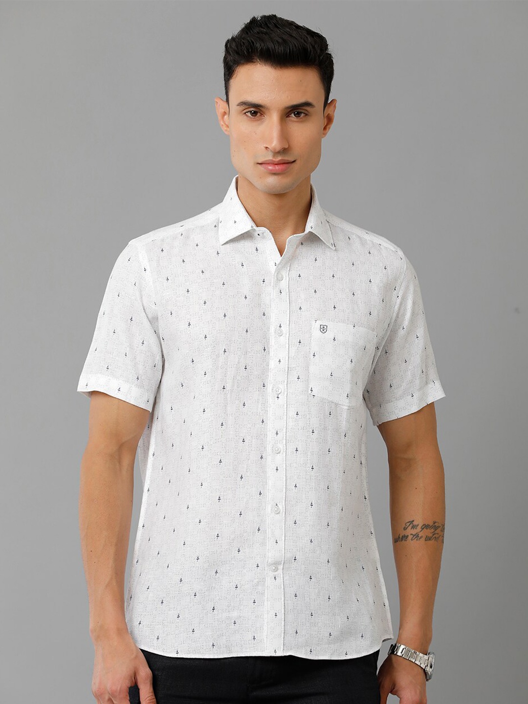 

Linen Club Conversational Printed Spread Collar Linen Casual Shirt, White