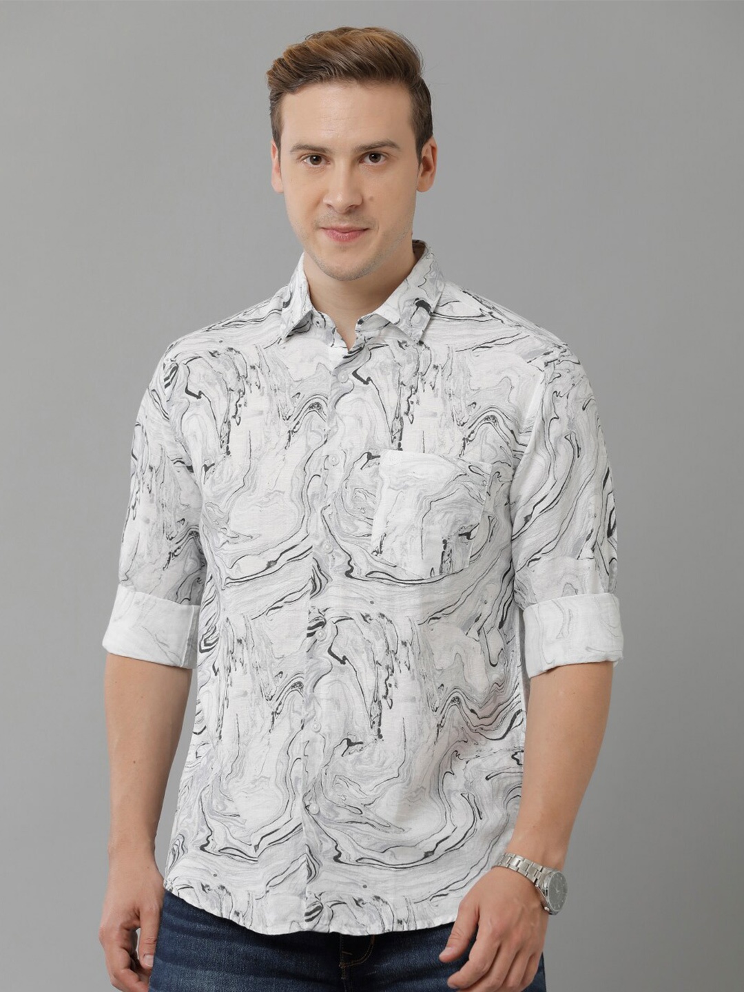 

Linen Club Abstract Printed Pure Linen Casual Shirt, Grey
