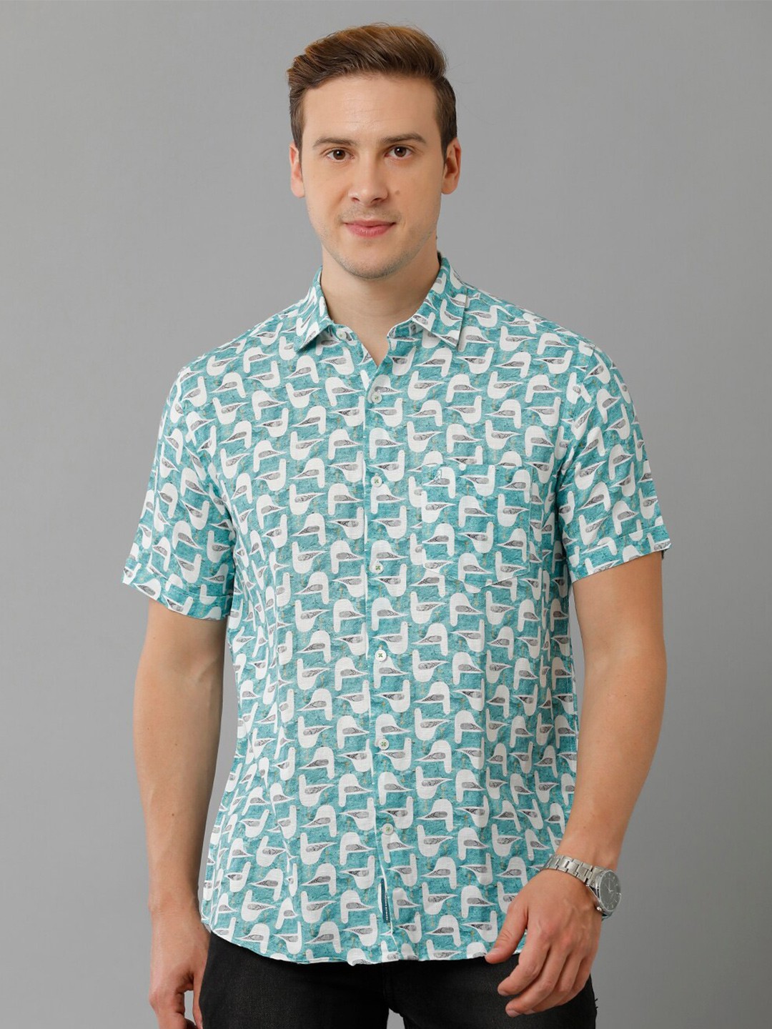 

Linen Club Conversational Printed Pure Linen Casual Shirt, Green