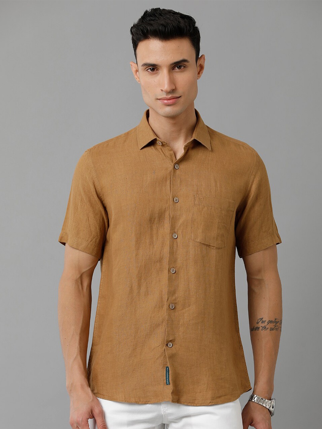 

Linen Club Spread Collar Pure Linen Casual Shirt, Brown
