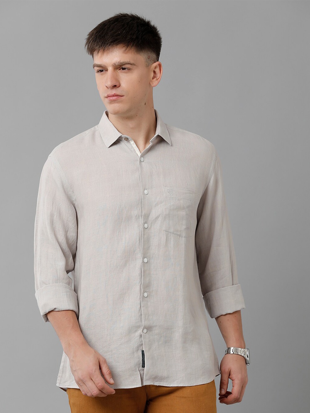 

Linen Club Spread Collar Pure Linen Casual Shirt, Grey