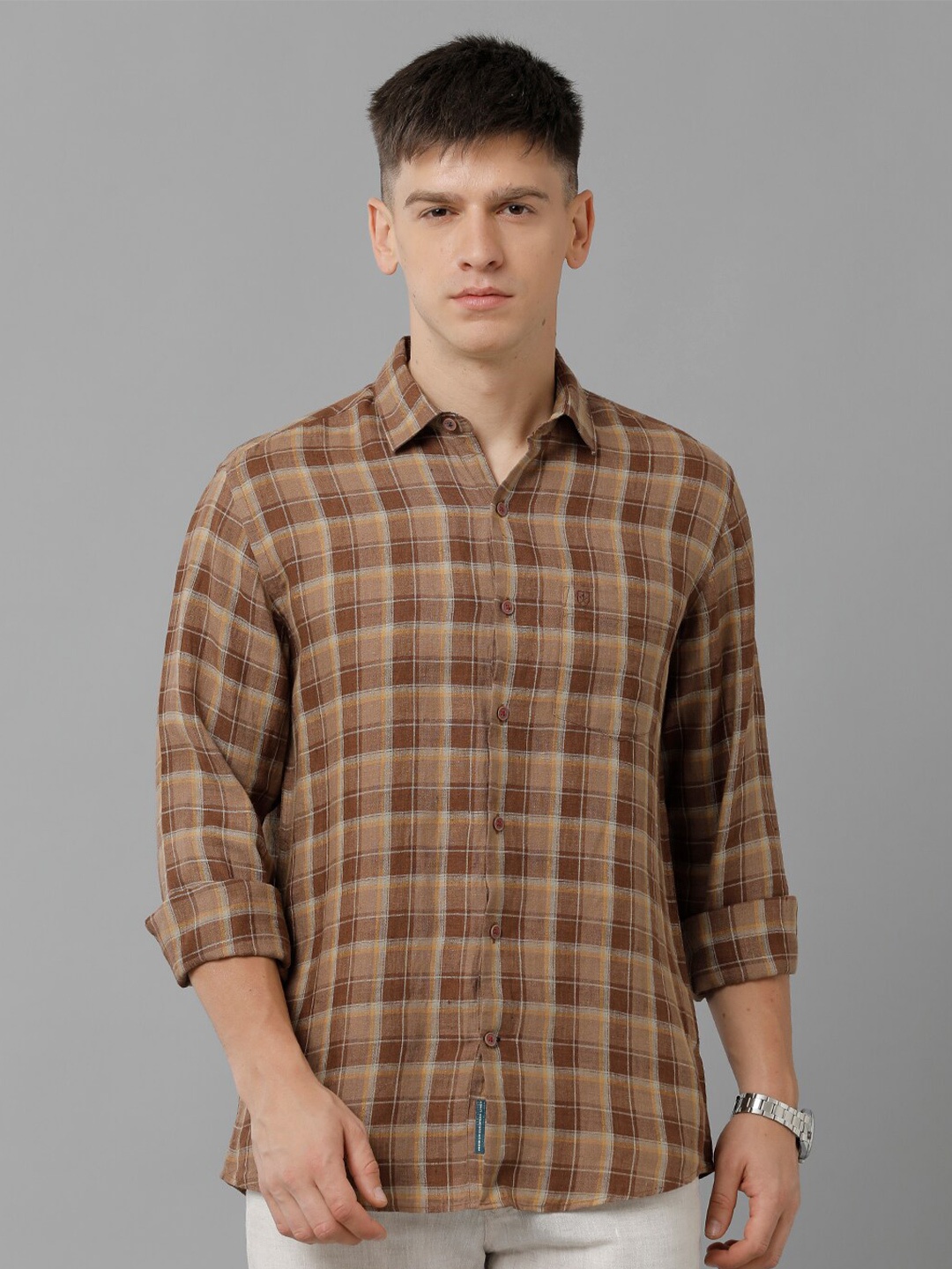 

Linen Club Checked Opaque Casual Pure Linen Shirt, Brown