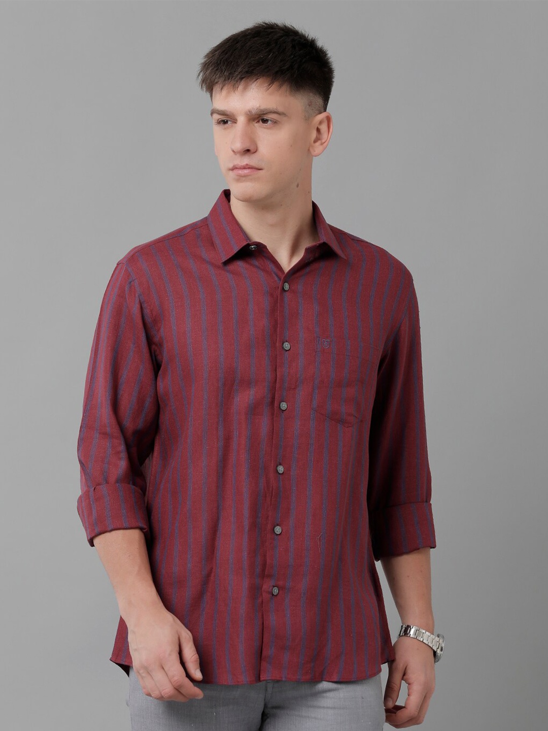 

Linen Club Vertical Striped Pure Linen Casual Shirt, Maroon