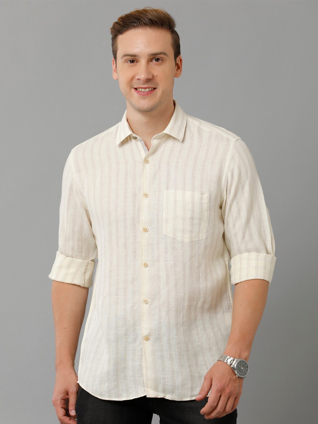 

Linen Club Vertical Striped Pure Linen Casual Shirt, Yellow