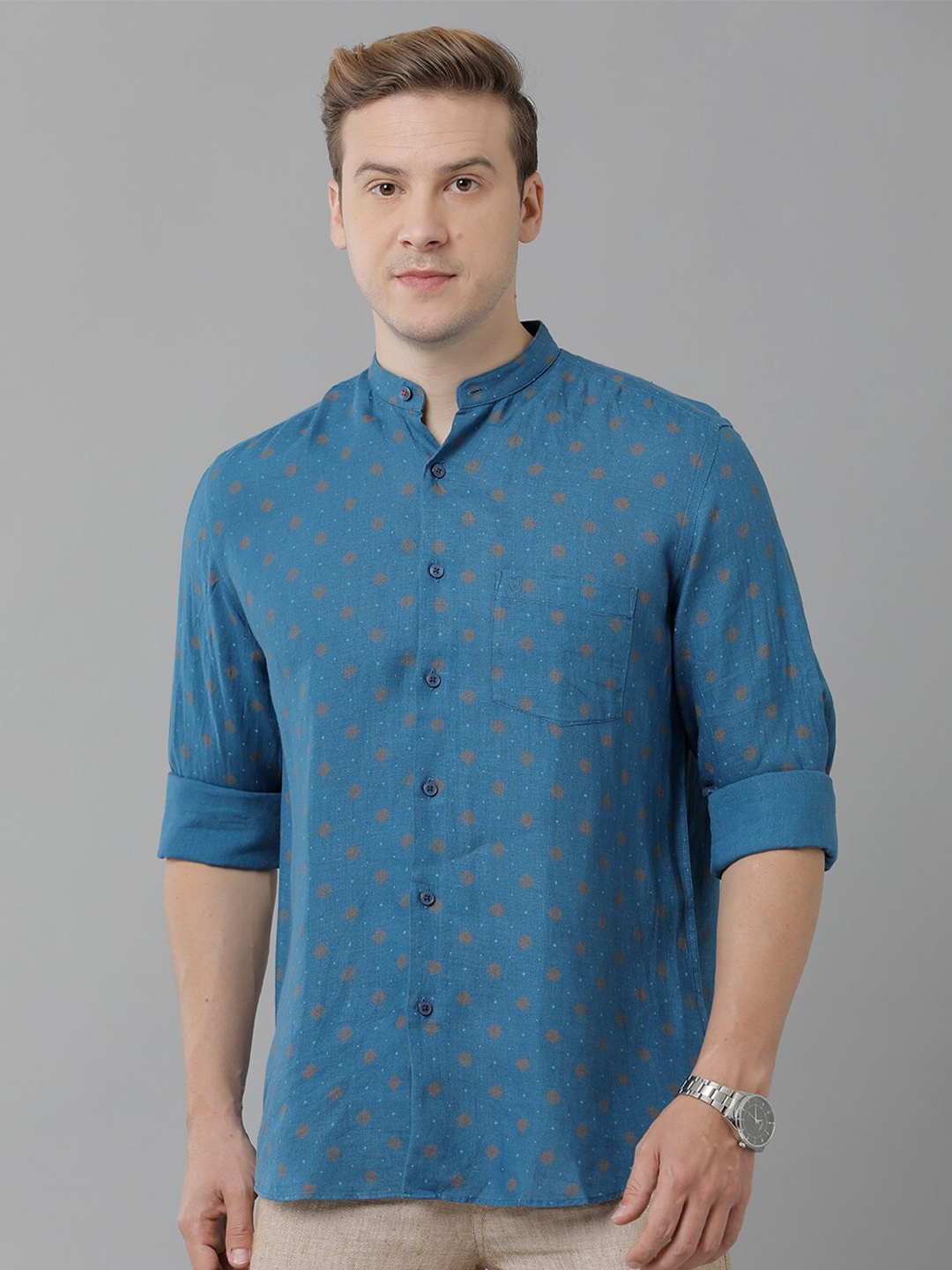 

Linen Club Geometric Printed Linen Casual Shirt, Blue