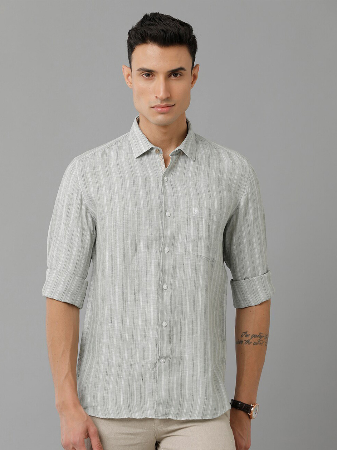 

Linen Club Striped Spread Collar Pure Linen Casual Shirt, Grey