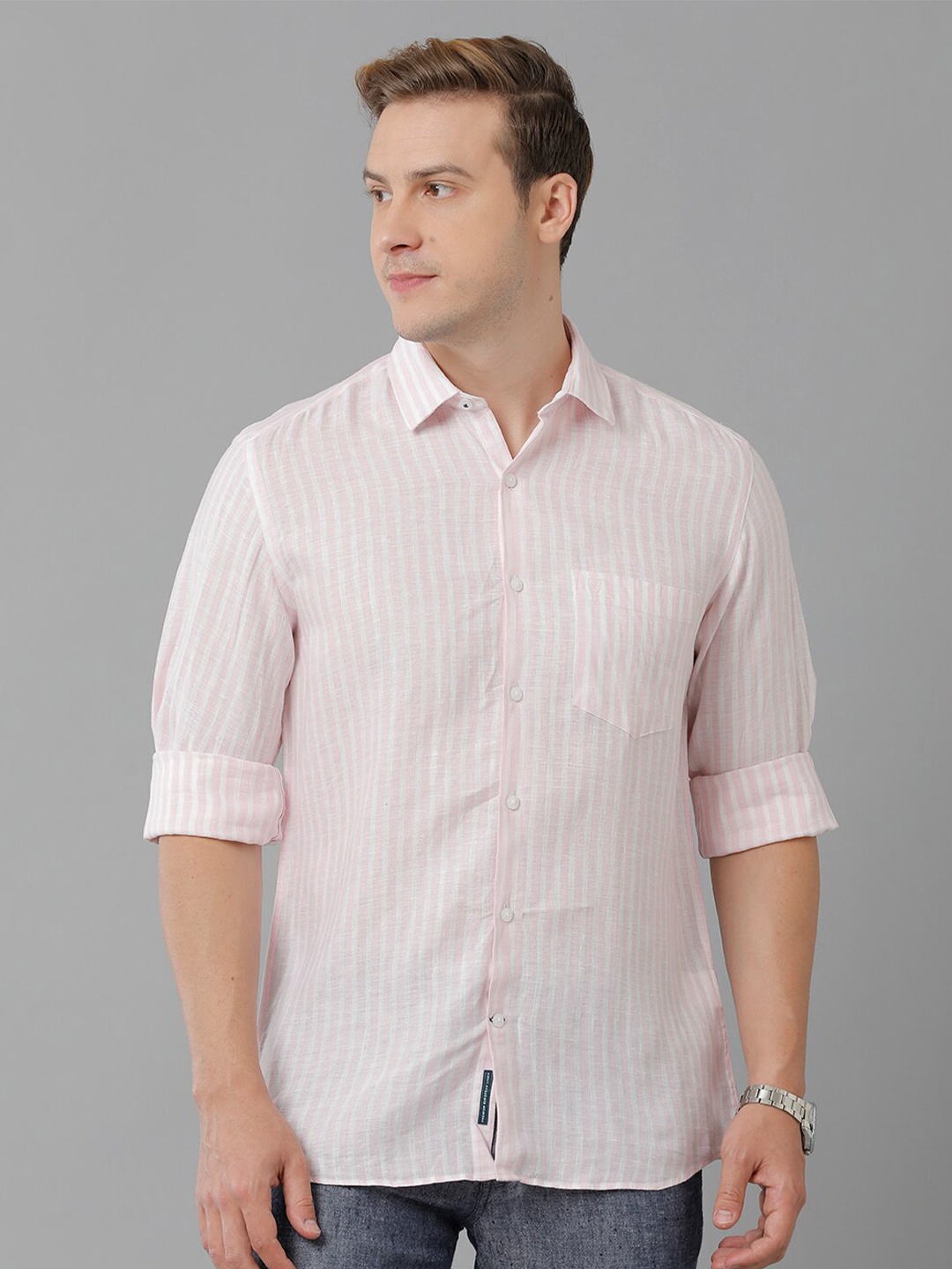 

Linen Club Striped Linen Casual Shirt, Pink