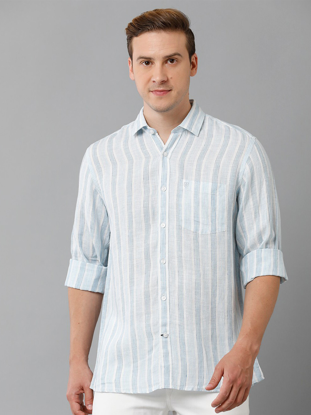 

Linen Club Striped Long Sleeves Pure Linen Casual Shirt, Blue
