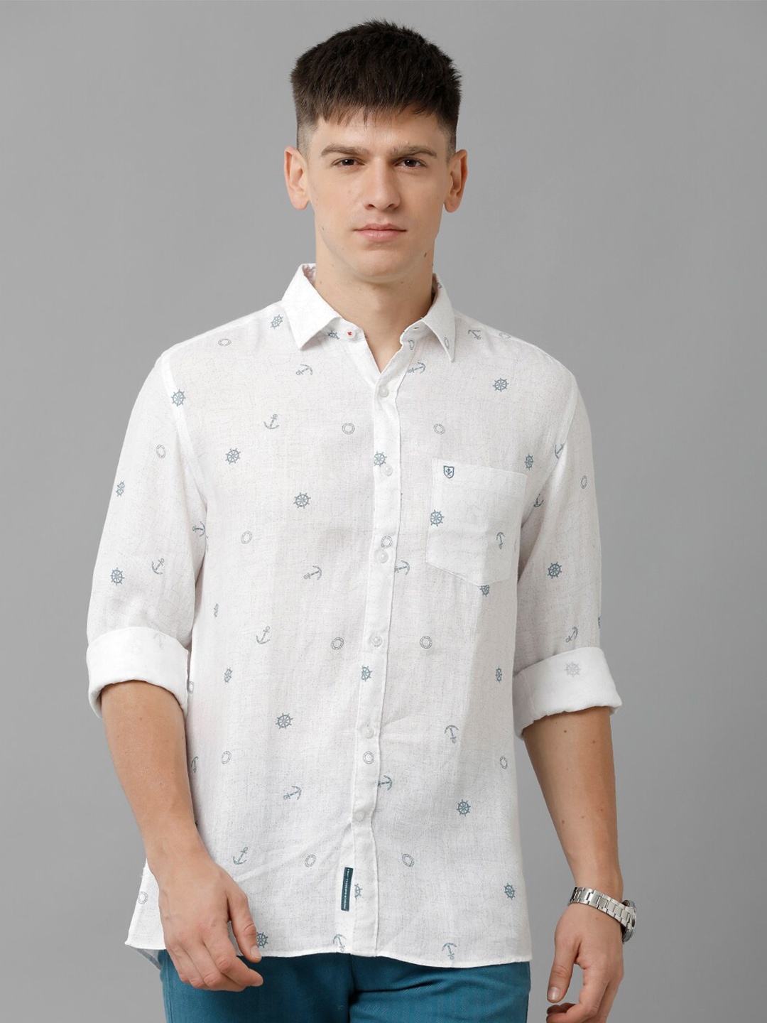 

Linen Club Conversational Printed Spread Collar Opaque Casual Pure Linen Shirt, White