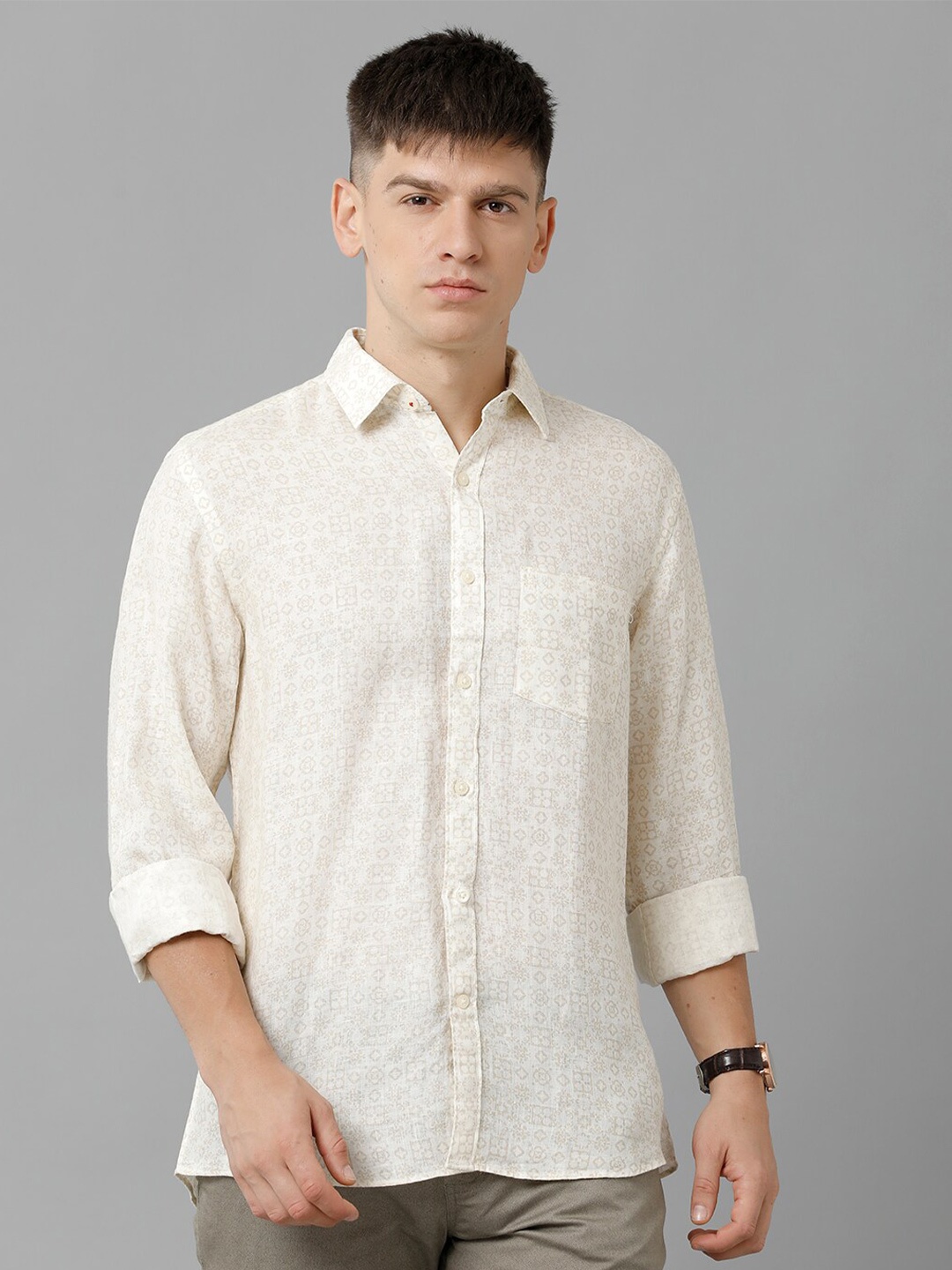 

Linen Club Geometric Printed Spread Collar Pure Linen Casual Shirt, Beige
