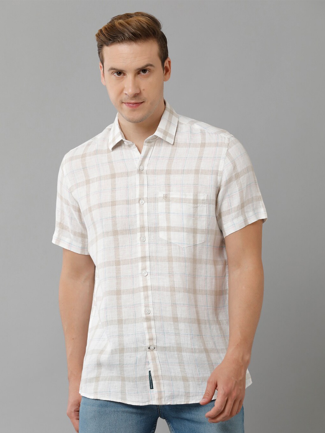 

Linen Club Checked Short Sleeves Pure Linen Casual Shirt, Beige