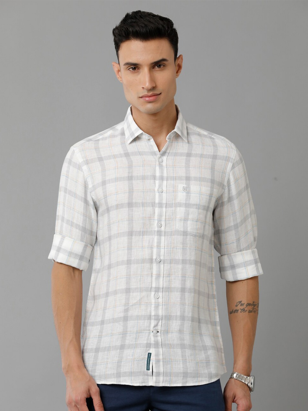 

Linen Club Checked Spread Collar Pure Linen Casual Shirt, White