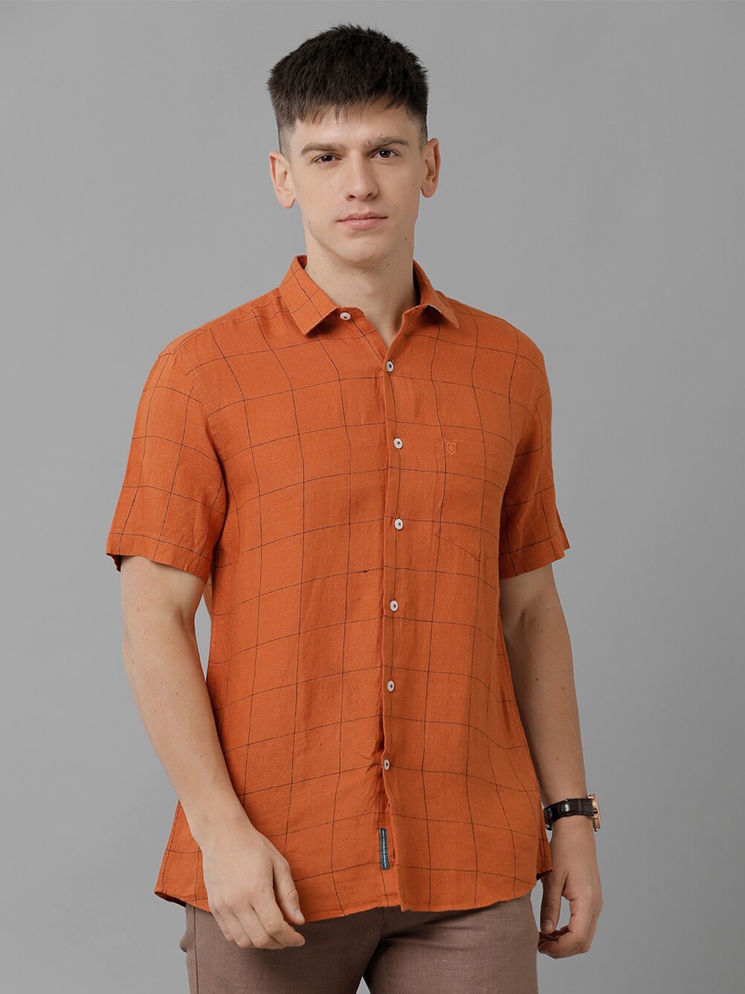 

Linen Club Windowpane Checked Short Sleeve Pure Linen Casual Shirt, Orange