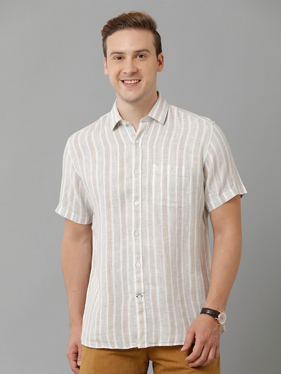 

Linen Club Striped Short Sleeves Pure Linen Casual Shirt, Beige