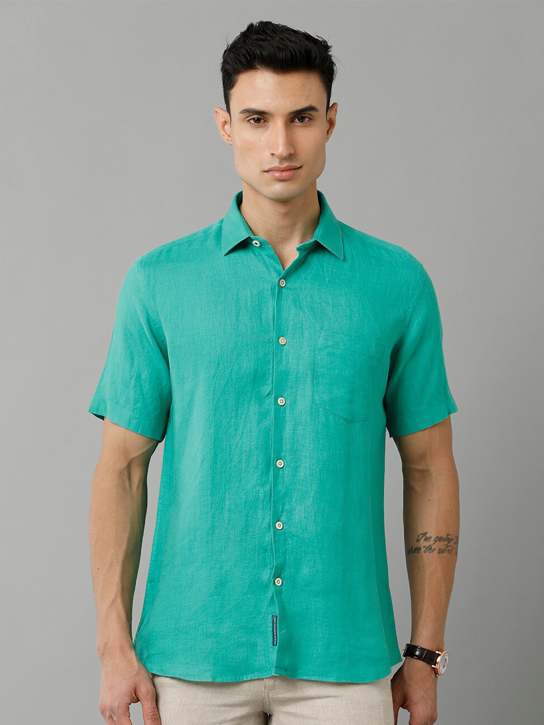 

Linen Club Spread Collar Pure Linen Casual Shirt, Green