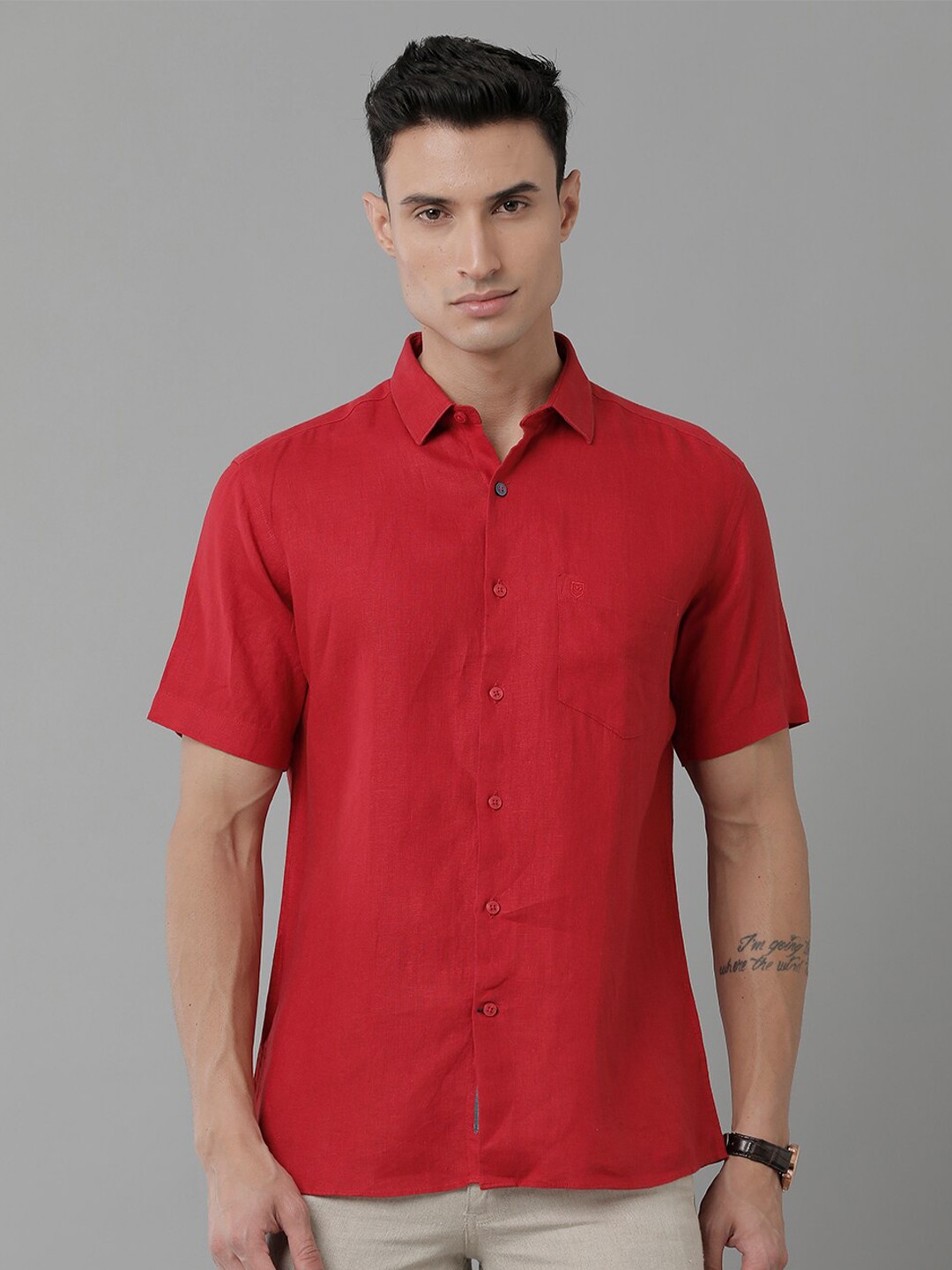 

Linen Club Spread Collar Pure Linen Casual Shirt, Red