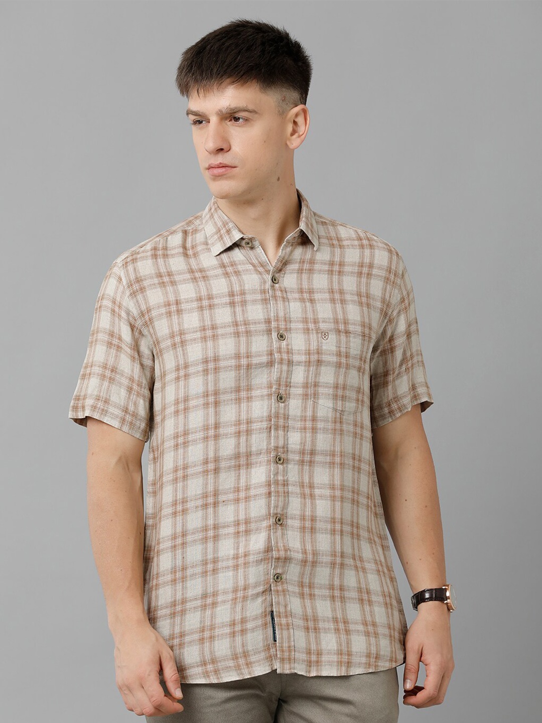 

Linen Club Tartan Checked Spread Collar Pure Linen Casual Shirt, Beige