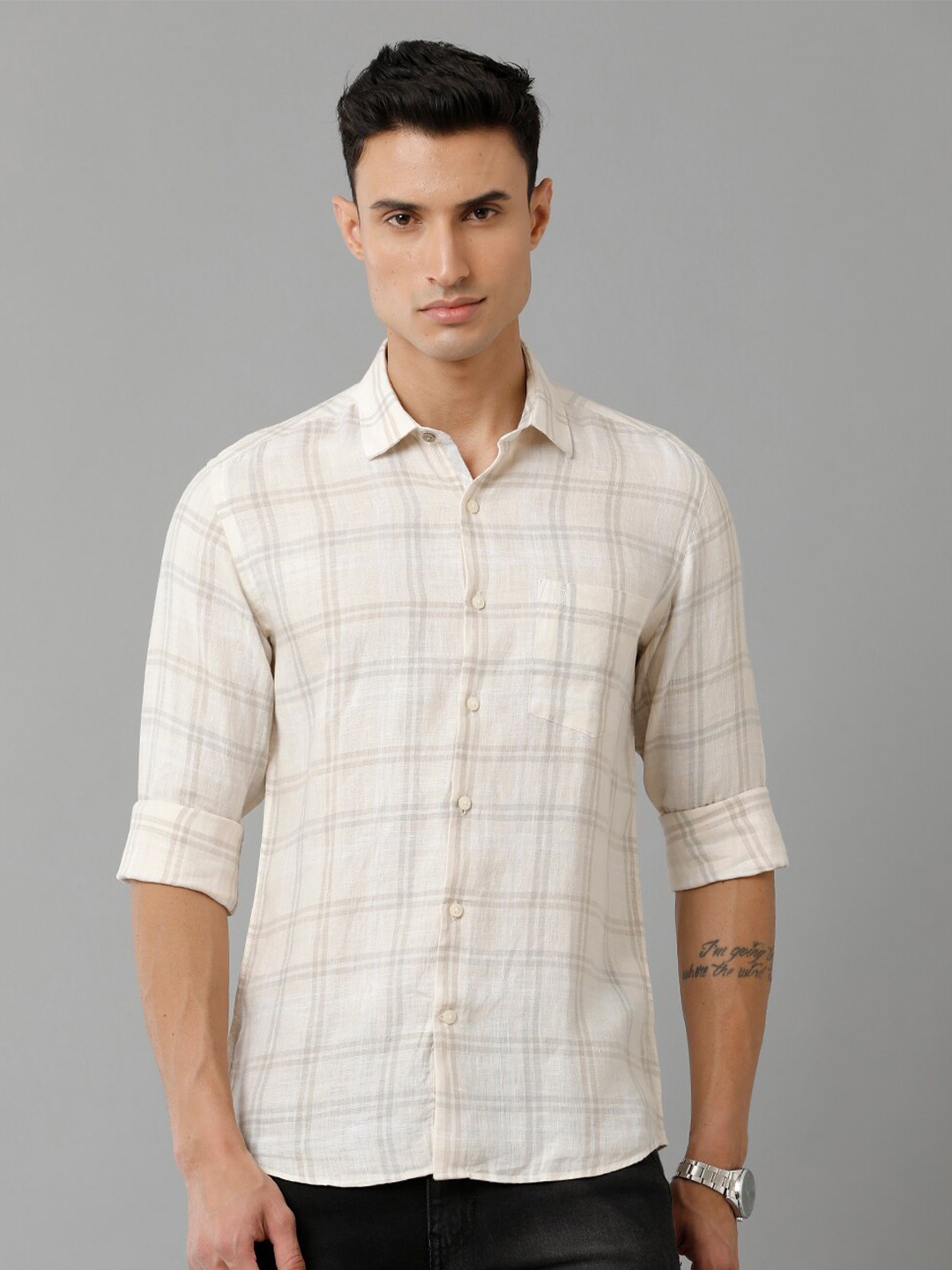 

Linen Club Tartan Checked Opaque Casual Pure Linen Shirt, Cream