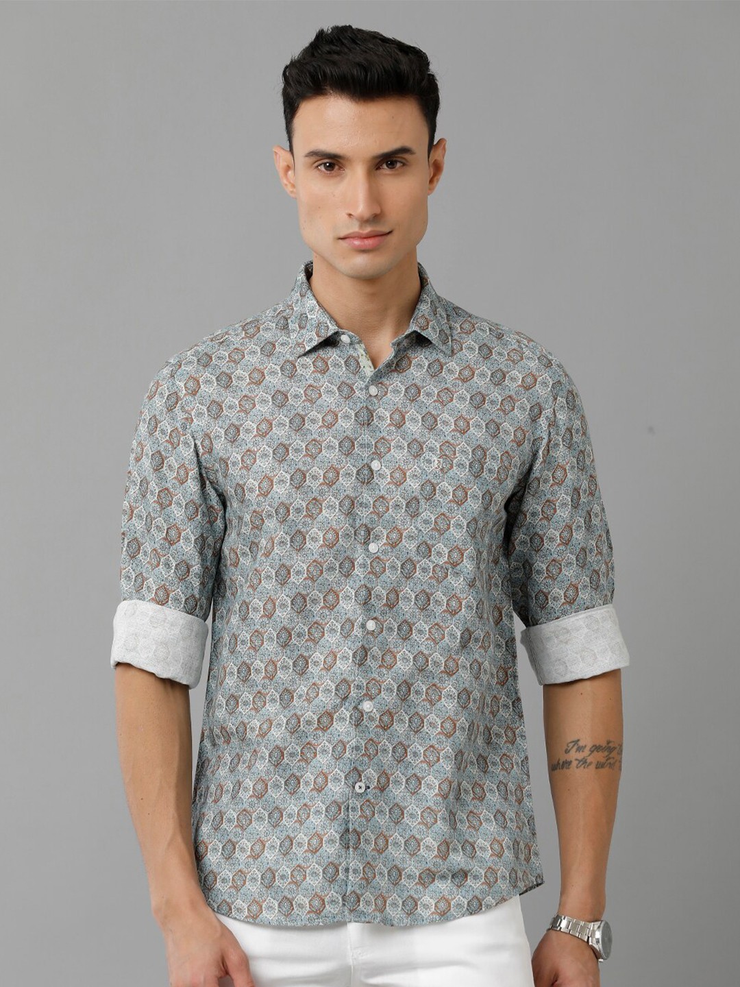 

Linen Club Floral Printed Spread Collar Opaque Casual Pure Linen Shirt, Grey