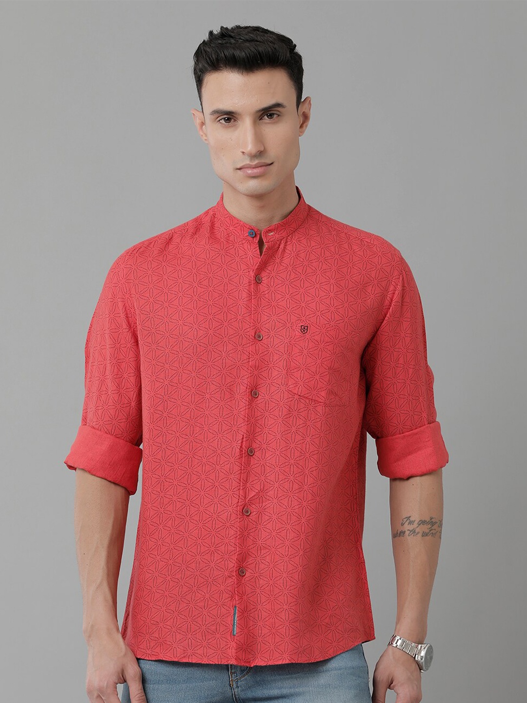 

Linen Club Floral Printed Band Collar Linen Casual Shirt, Red