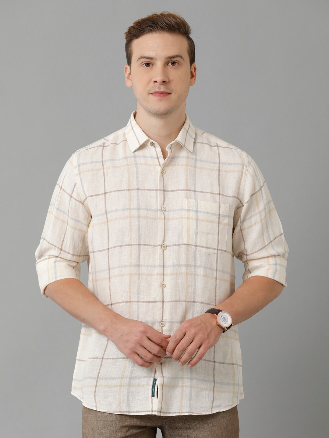 

Linen Club Tartan Checked Opaque Casual Pure Linen Shirt, Off white