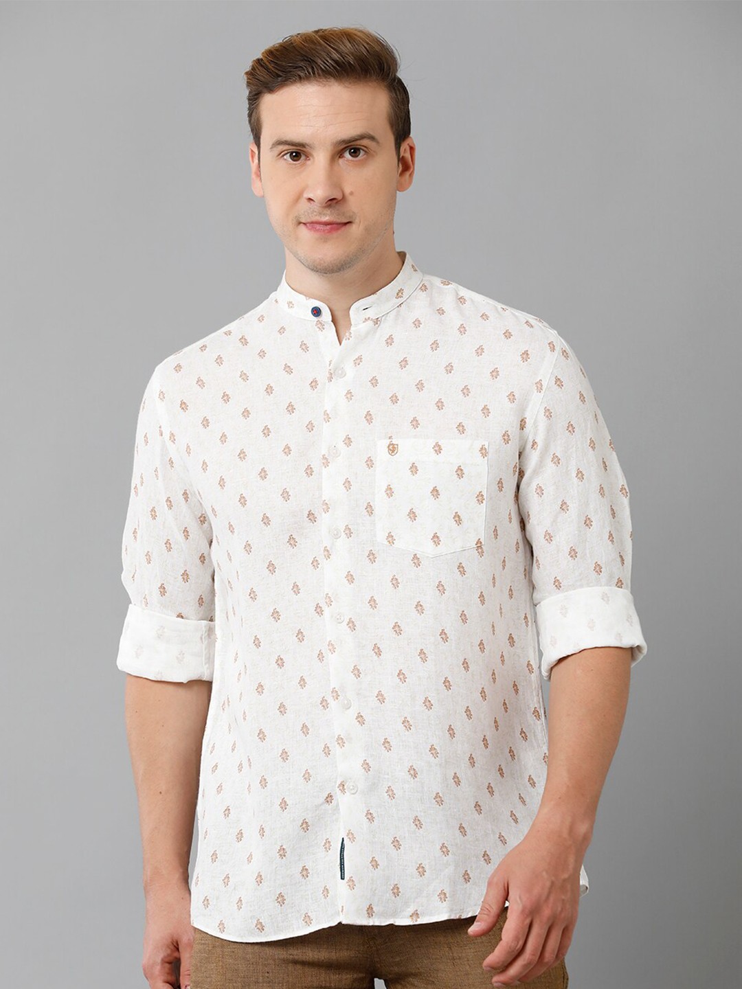 

Linen Club Conversational Printed Long Sleeve Pure Linen Casual Shirt, White