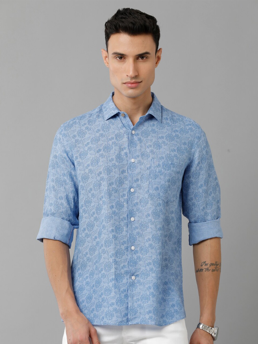

Linen Club Floral Printed Spread Collar Pure Linen Casual Shirt, Blue