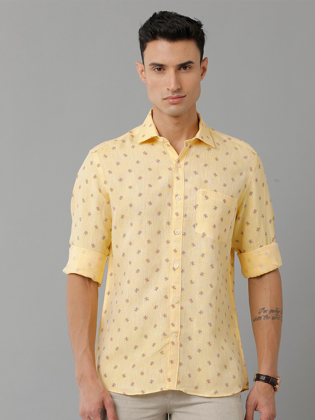 

Linen Club Floral Printed Spread Collar Pure Linen Casual Shirt, Yellow