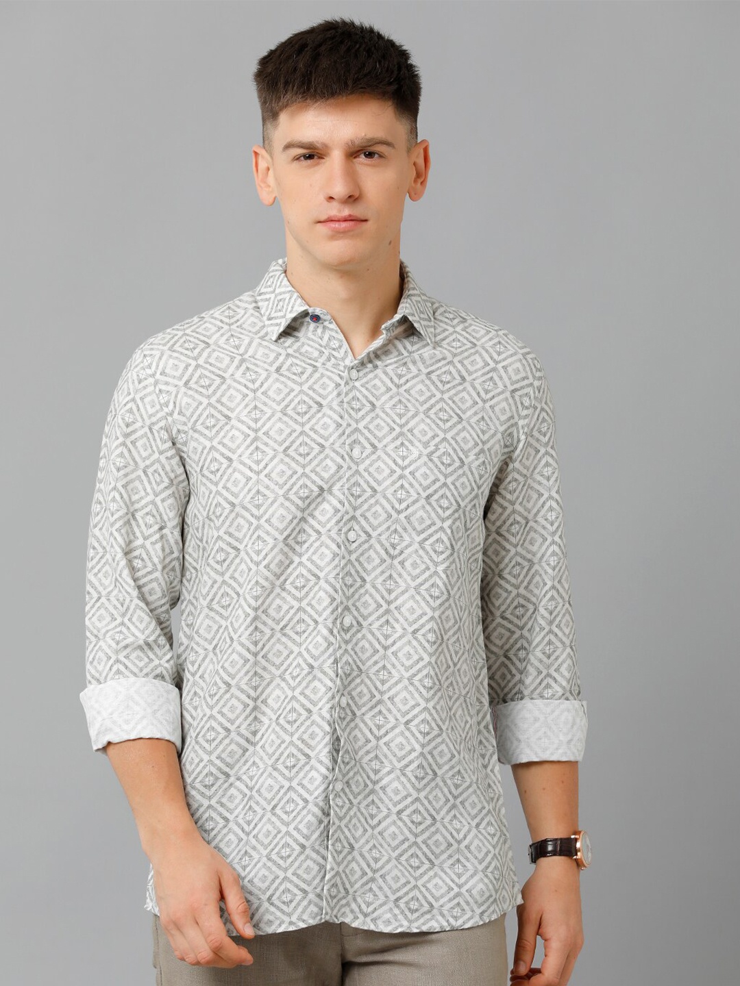

Linen Club Geometric Printed Spread Collar Pure Linen Casual Shirt, Grey