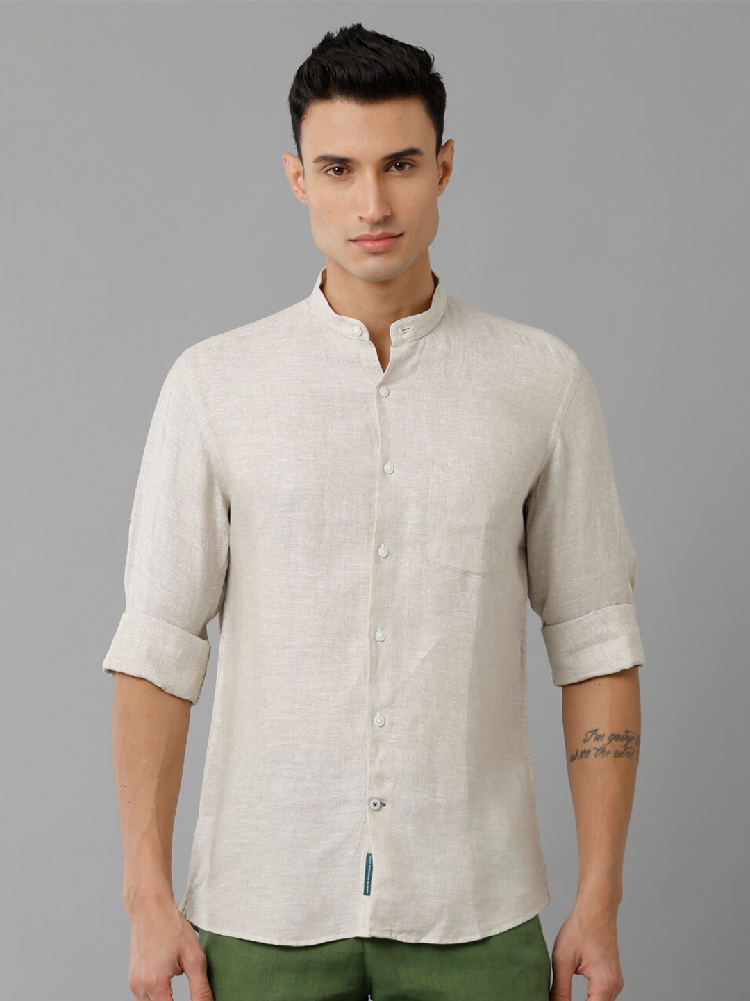 

Linen Club Mandarin Collar Pure Linen Casual Shirt, Beige