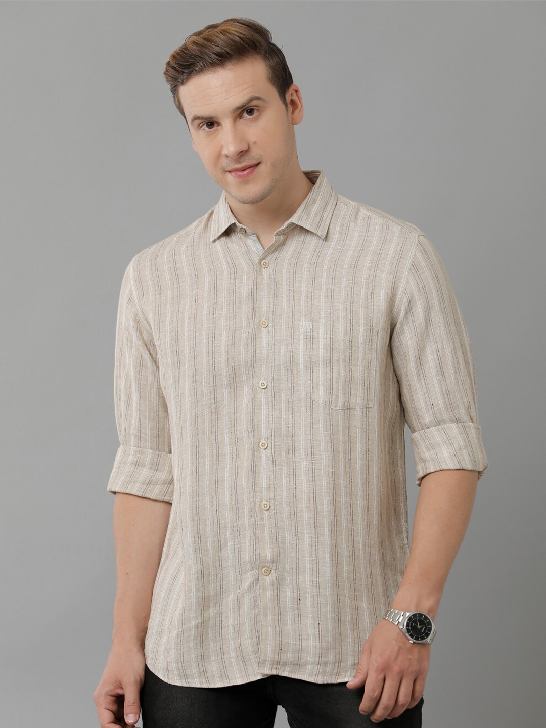 

Linen Club Striped Long Sleeves Pure Linen Casual Shirt, Beige