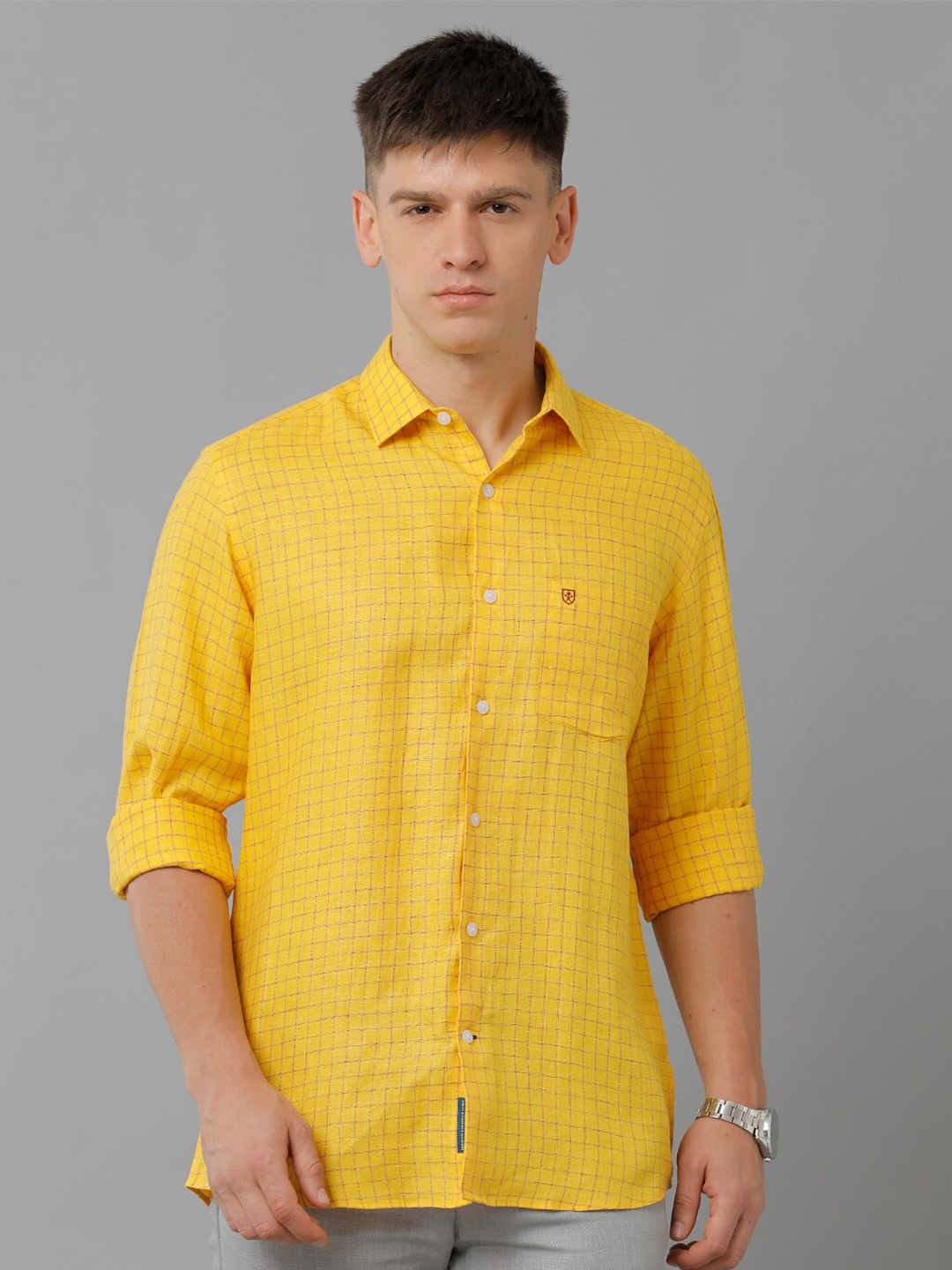 

Linen Club Checked Spread Collar Pure Linen Casual Shirt, Yellow
