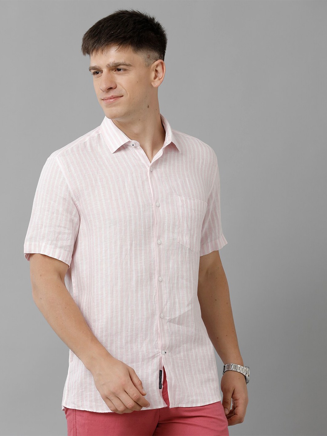 

Linen Club Striped Spread Collar Short Sleeves Linen Casual Shirt, Pink