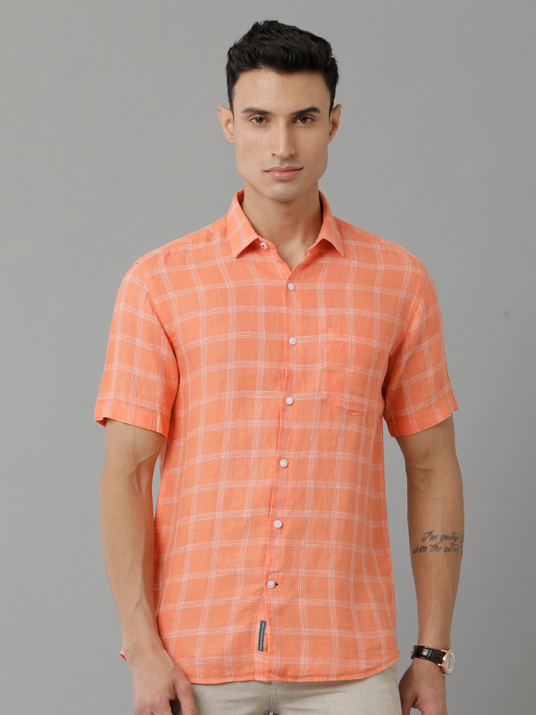

Linen Club Checked Spread Collar Pure Linen Casual Shirt, Coral