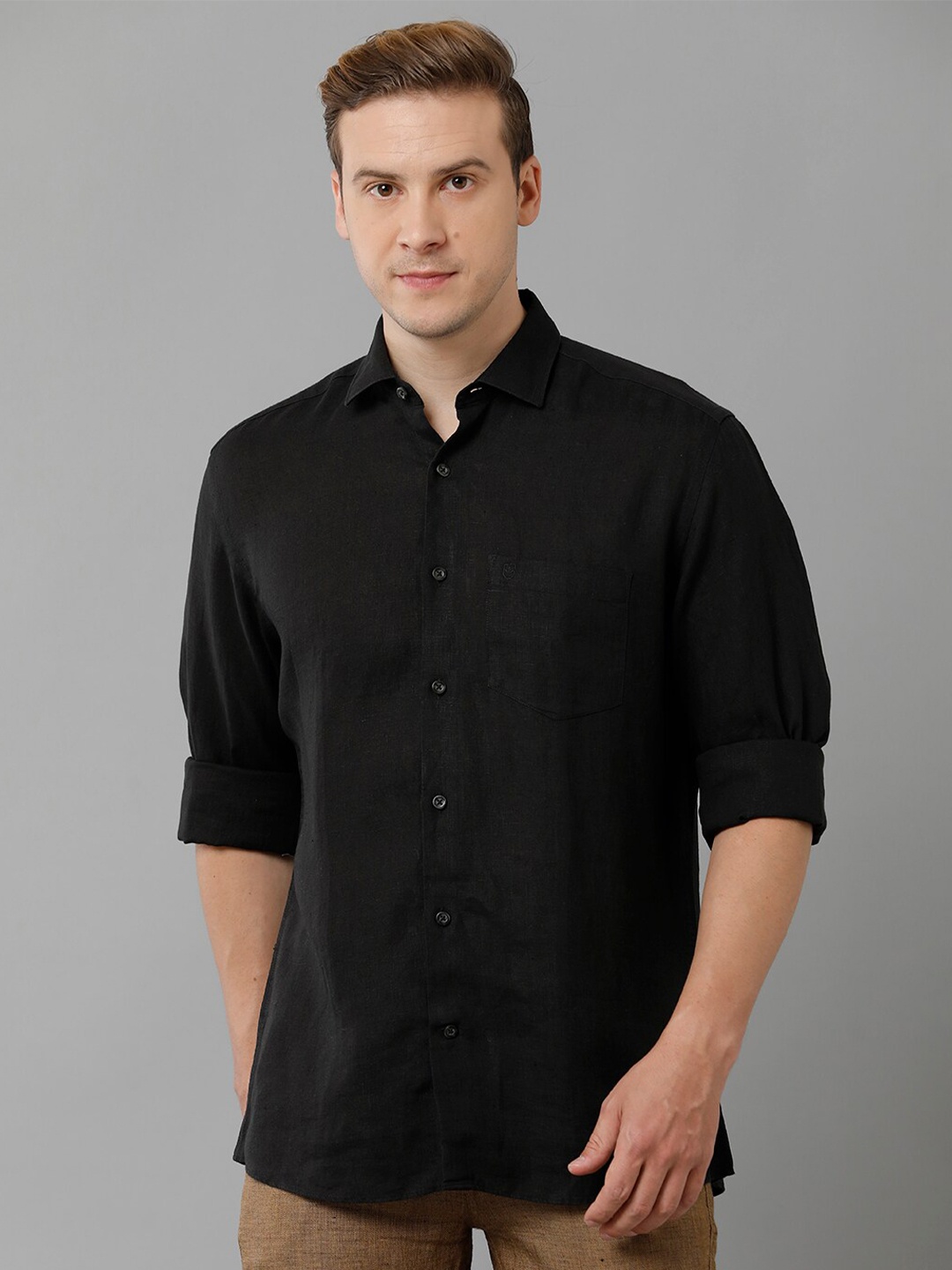 

Linen Club Spread Collar Pure Linen Casual Shirt, Black
